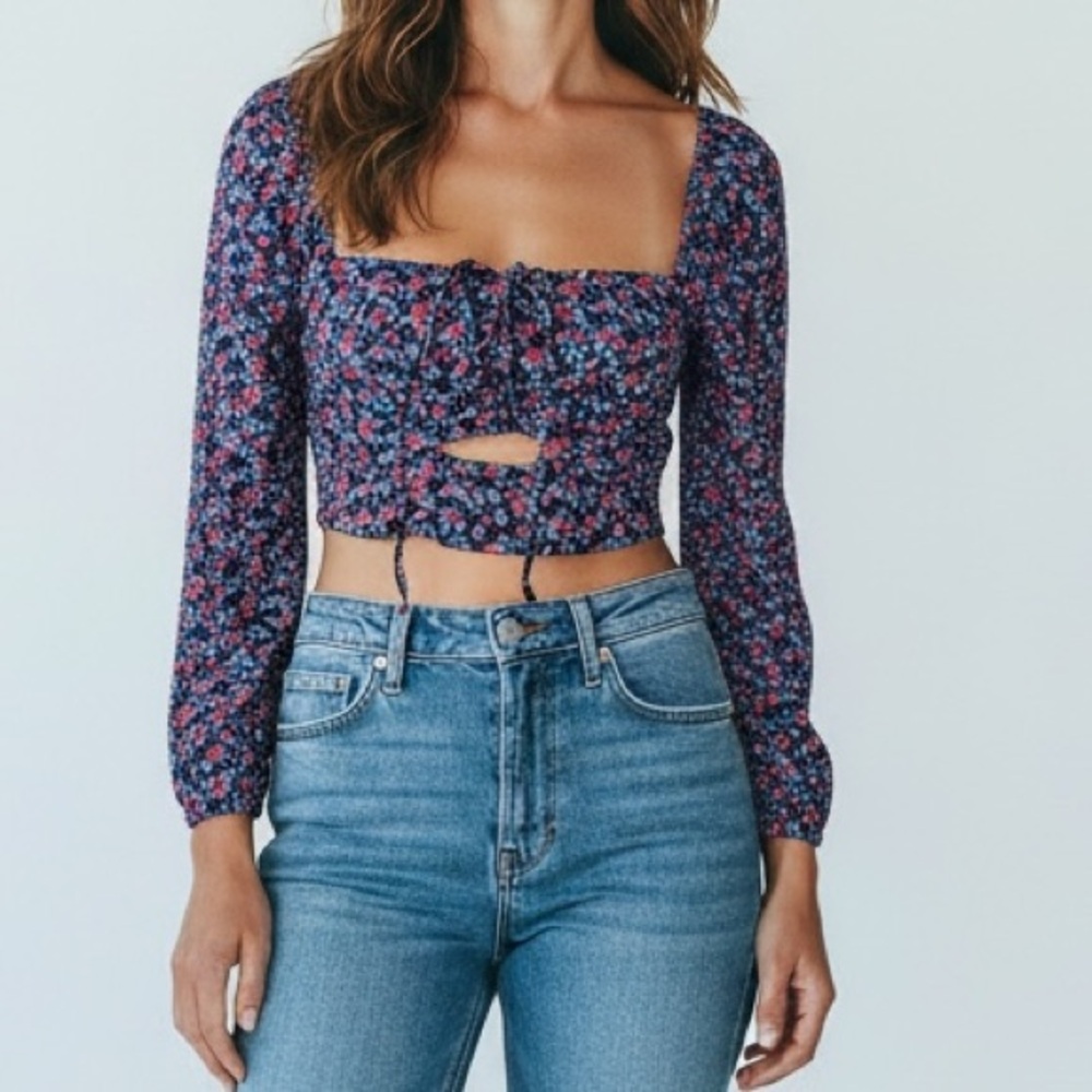 Zara Colorful Floral Convertible Halter 3/4 Sleeve Off Shoulder Crop Top Medium